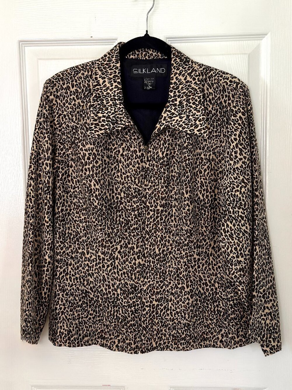 Silkland 100% Silk Leopard Print Zip Front Jacket Women's Size 12